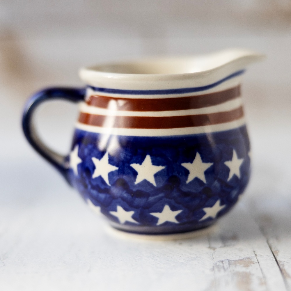 Bolesławiec Polish pottery stars and stripes blue brown creamer